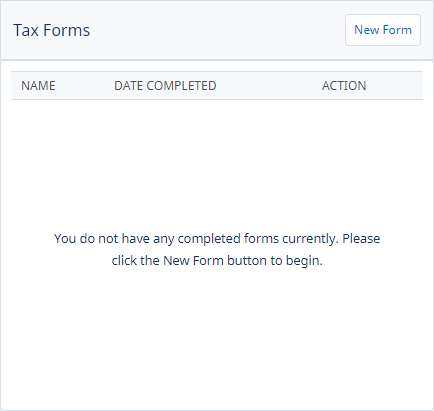 Screenshot: Tax Forms detail view in WX, displaying a message to say there are no completed tax forms